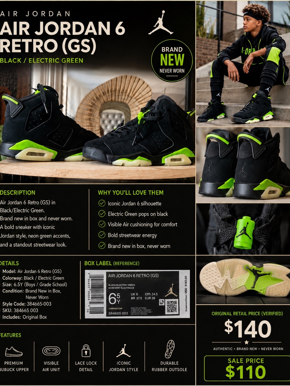 Jordan Air Jordan 6 Retro GS Black with Electric Green Accents